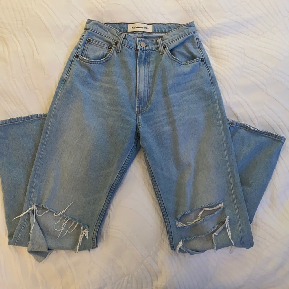 reformation ripped jeans in light blue wash